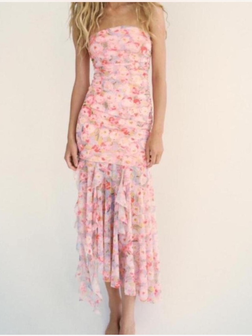 Zara Strapless Pink Floral Ruffle Midi Dress